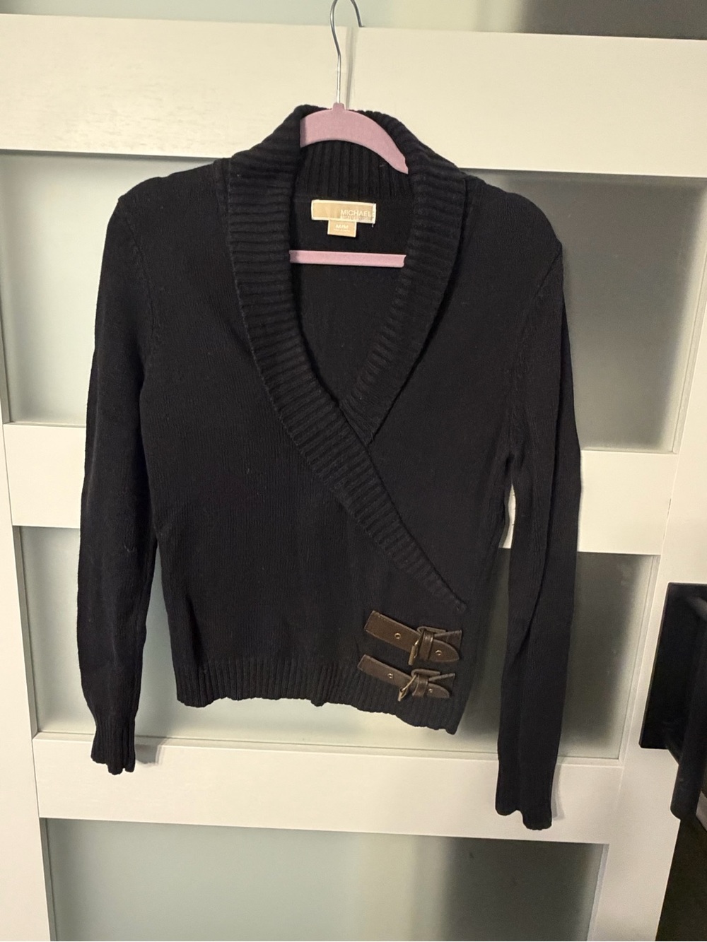 MICHAEL Michael Kors Black Shawl-Collar Wrap Cardigan with Buckle Accents
